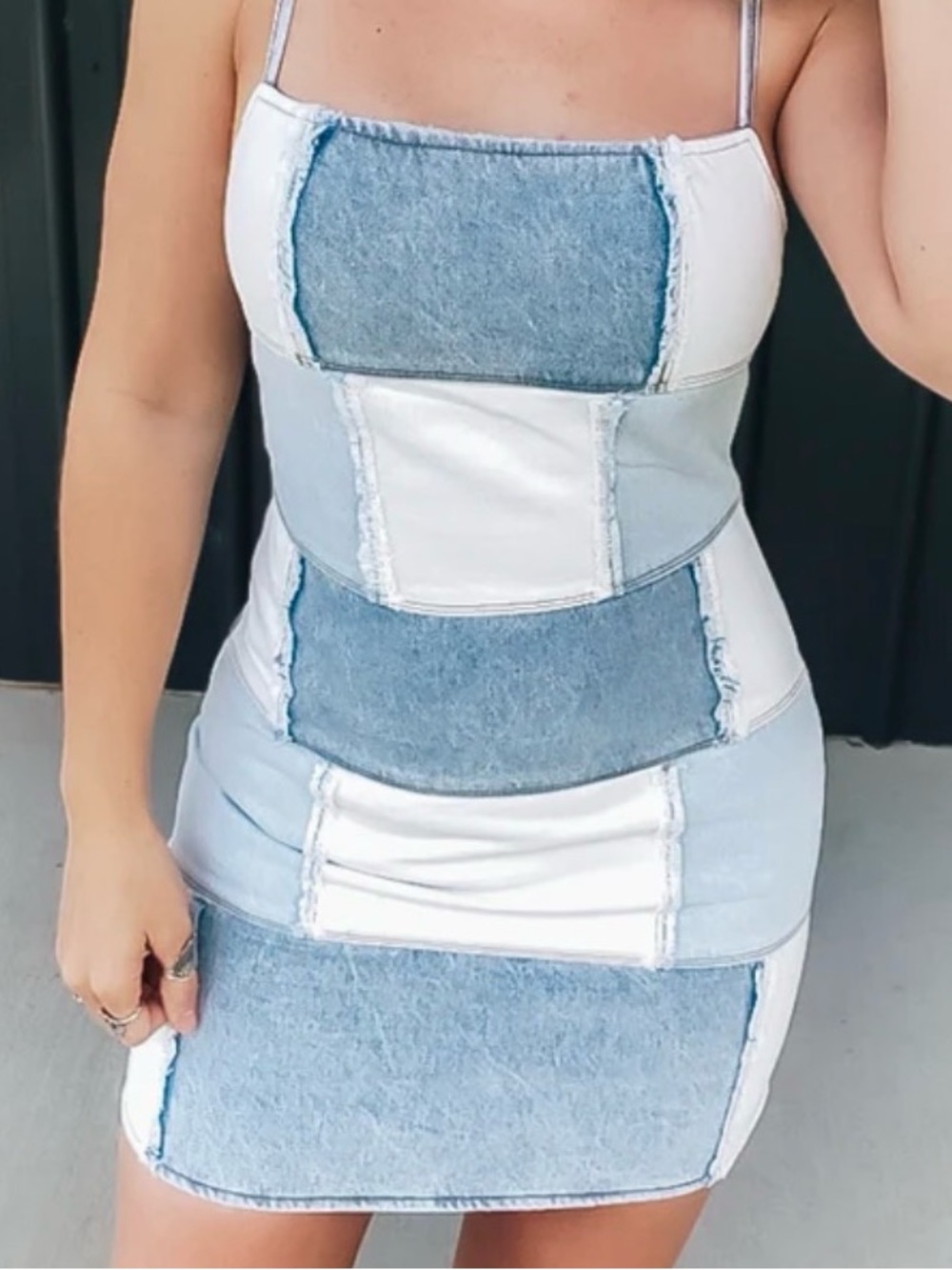 Blue Blush Light Blue and White Patchwork Denim Mini Dress